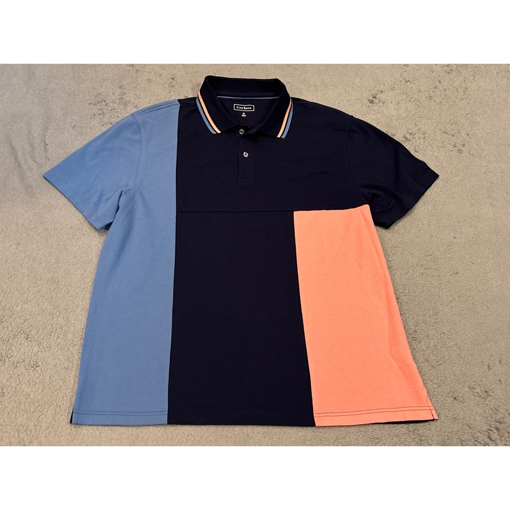 Club Room Mens XL Colorblock Polo Shirt Navy Blue Coral Short Sleeve Piqué